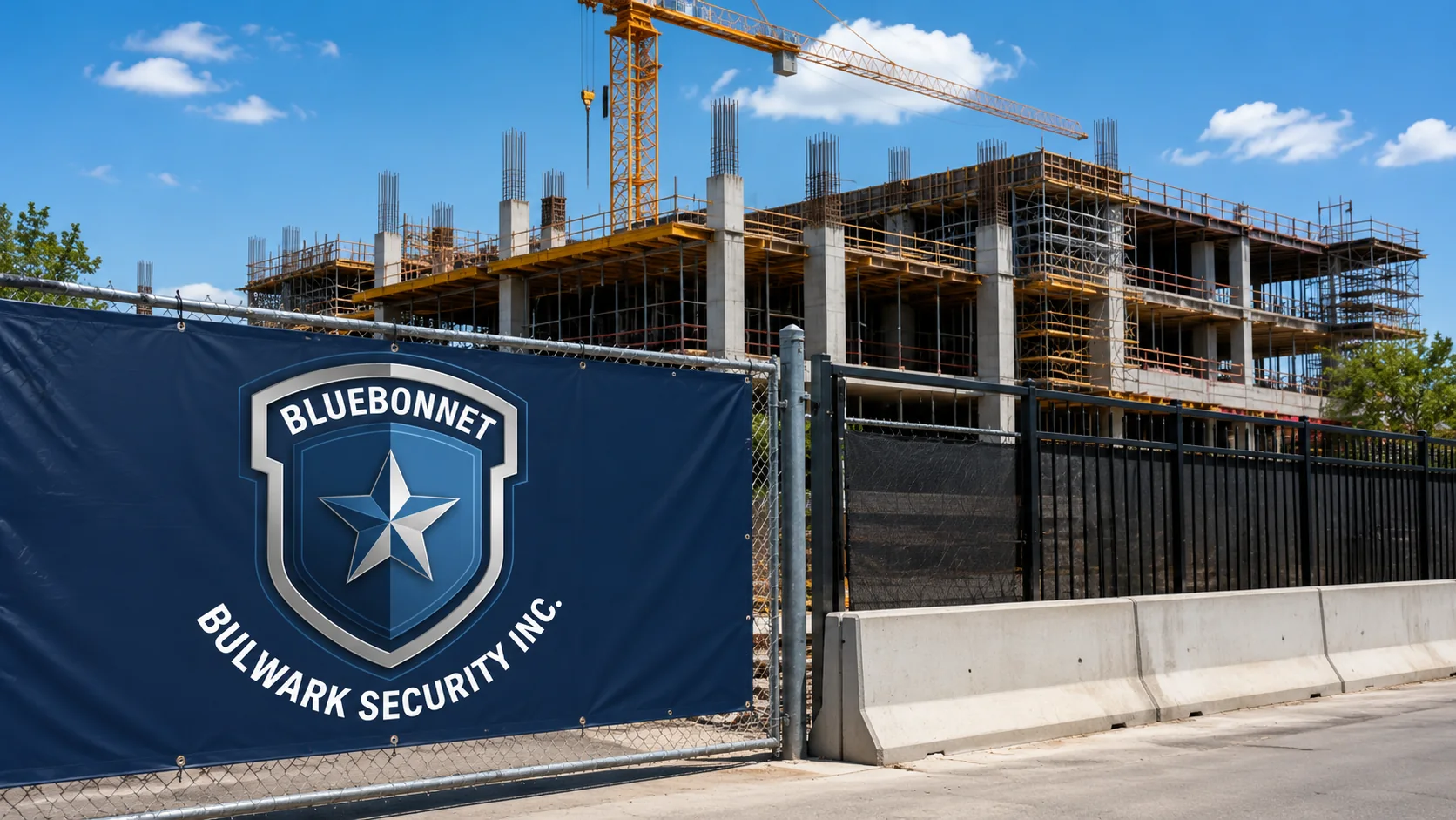 Illustrative construction site with Bluebonnet branding