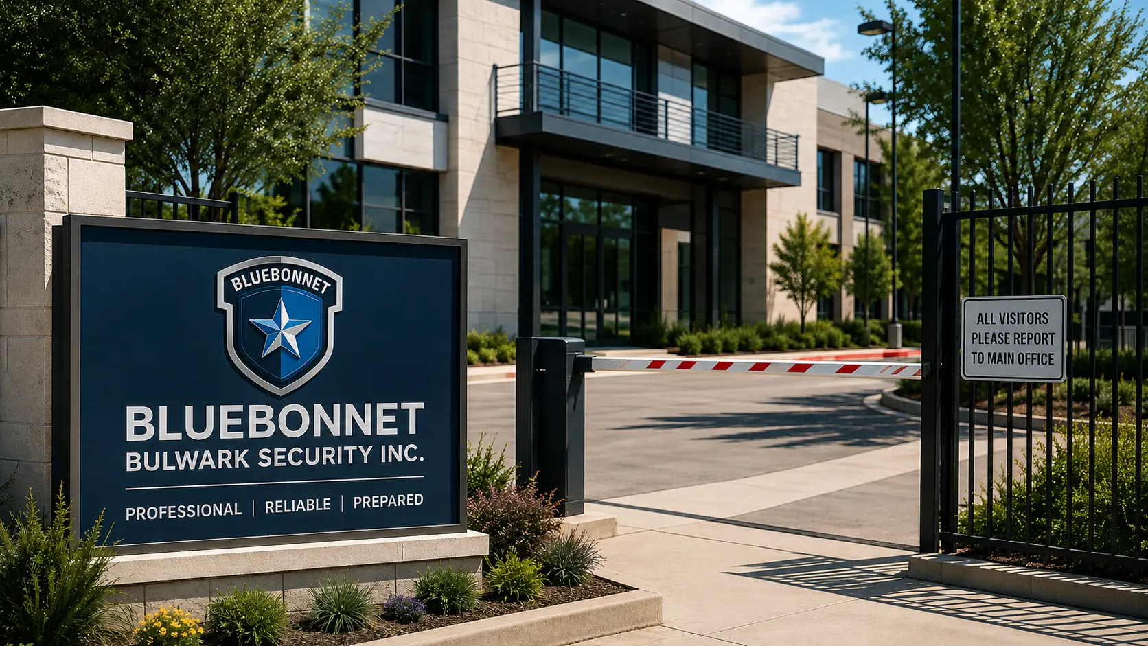 Illustrative gated commercial property entrance with Bluebonnet branding
