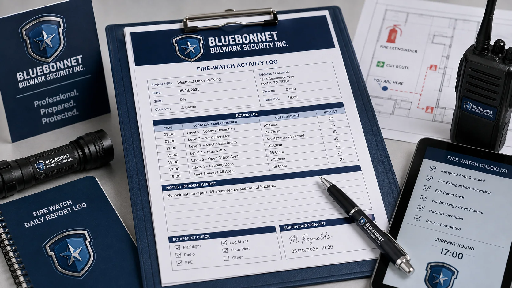 Illustrative fire-watch reporting and activity log materials