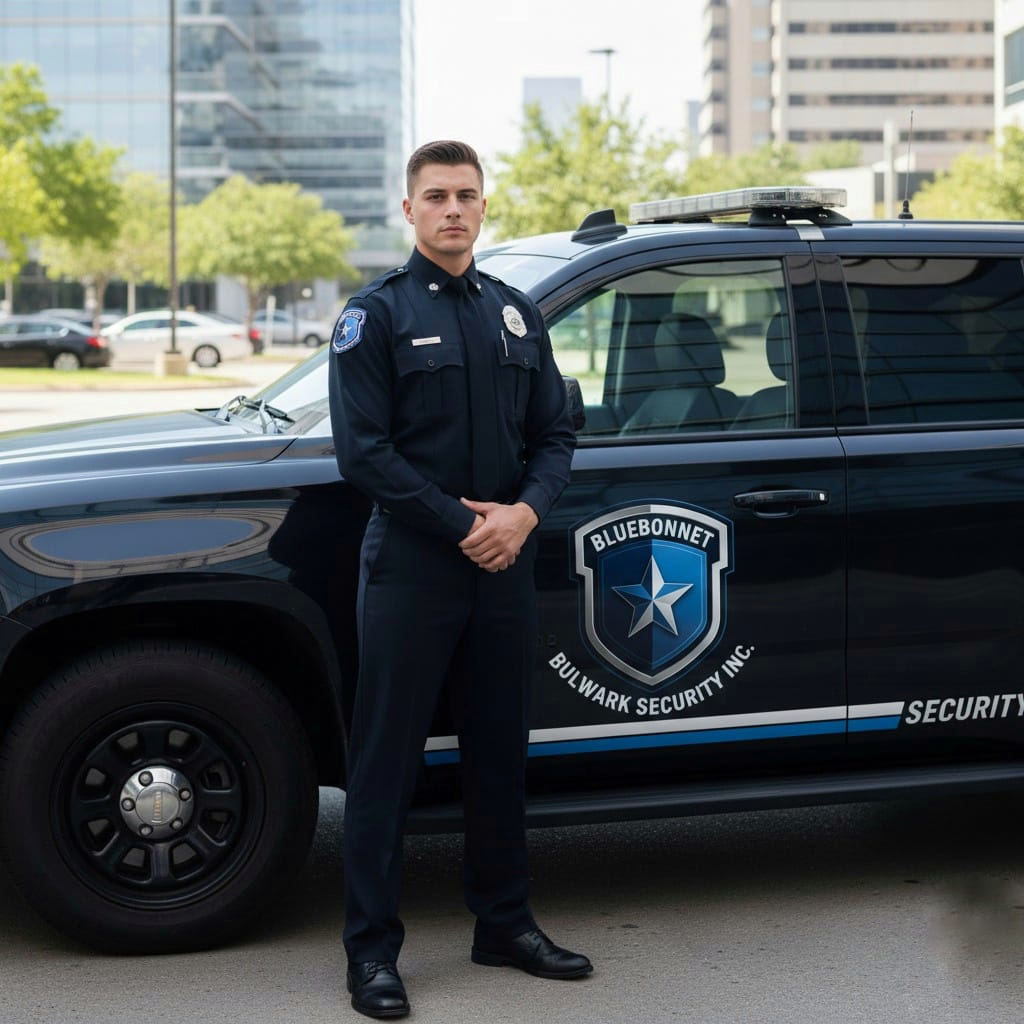 Bluebonnet Bulwark Security officer by company vehicle